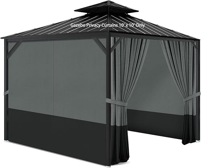 Gazebo Privacy Curtains 10' x 10' with Zipper 4-Panels Side Wall Universal Replacement for Patio, Outdoor Canopy, Garden and Backyard Gray and Black (Curtain Only)