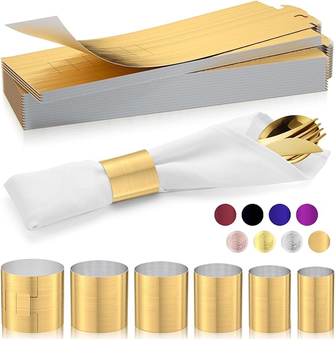 Polymer Material Reusable Napkin Band, Glue-Free Tear-Proof Water Resistant Oil-Proof Napkin Bands Set of 200(Front Brushed Gold Color and Back Silver), 6 Adjustable Sizes Napkin Rings