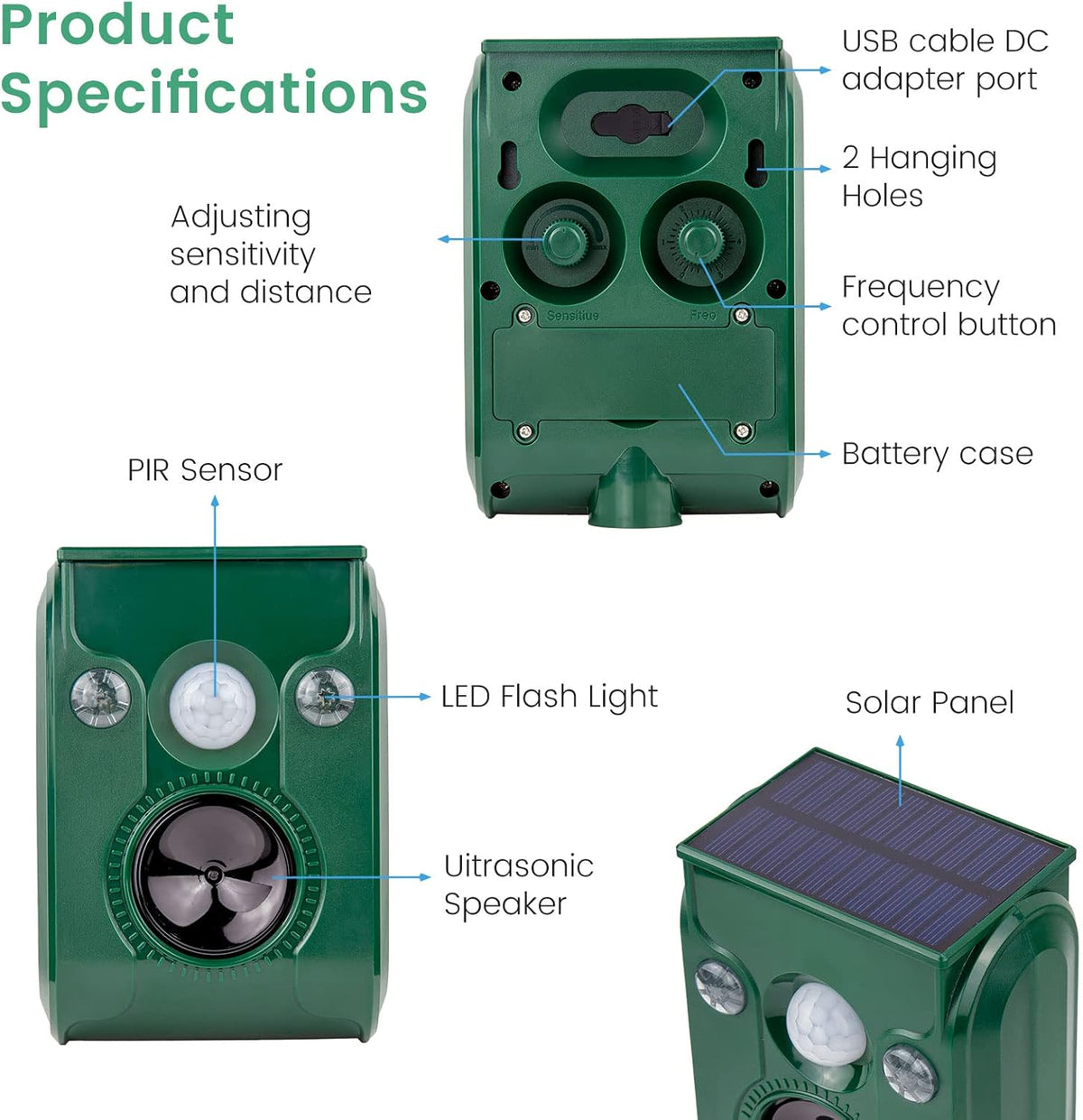 FAYINWBO Latest in 2022 Outdoor Ultrasonic Animal Repeller. Solar Animal Repellent.with Flashing LED Lights, Siren Expelled Cats, Dogs, Rac Green