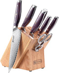 PAUDIN Damascus Knife Set 8 Pieces, Kitchen Knife Set with Block 67-layers Damascus steel, Ultra Sharp Japanese Knife Set with Full Tang G10 Handle, Chef Knife Block Set