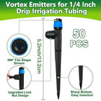 50 Pieces Drip Irrigation Emitters, Adjustable 360 Degree Drip Vortex Emitters on 5" with Stake for 1/4" Drip Irrigation Tubing Irrigation Fan Shape Drippers for Garden Watering System
