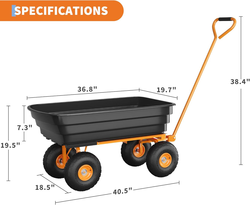 Garden Dump Cart - 600Lb Capacity Heavy Duty Yard Utility Garden Cart with Removable Dump Bed, All-Terrain Tires & 180° Adjustable Handle for Soil, Plants, Tools