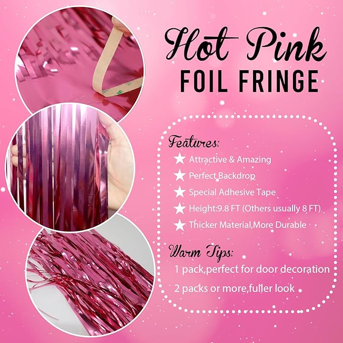 GOER 3.2 ft x 8.2 ft Metallic Tinsel Foil Fringe Curtains Party Photo Backdrop Party Streamers for Galentines Day,Birthday,Graduation,New Year Eve Decorations Wedding Decor (1 Pack, Hot Pink)
