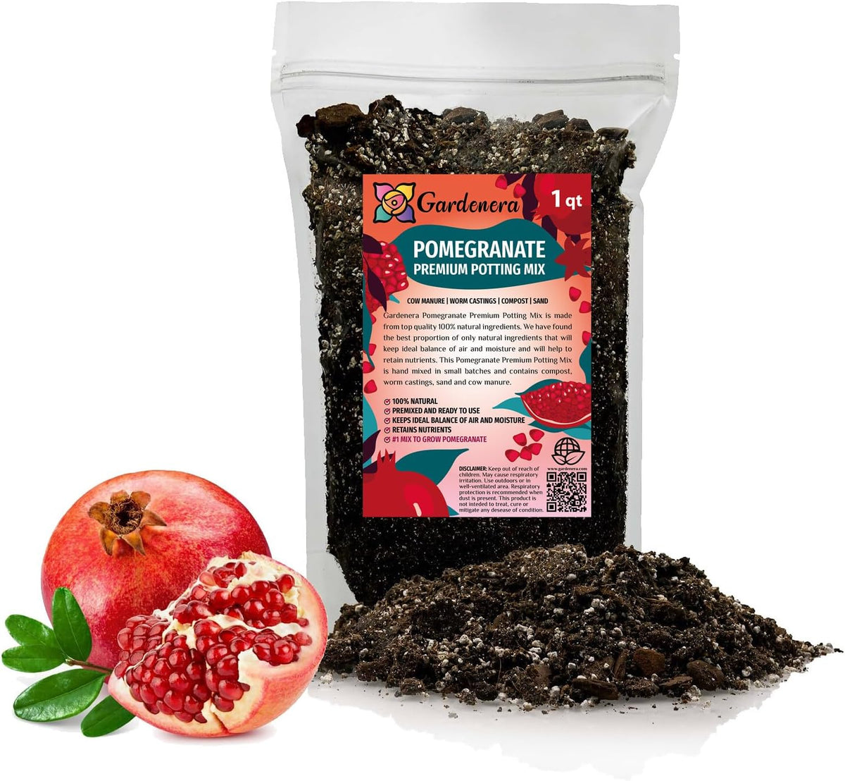 GARDENERA Premium Pomegranate Potting Soil Mix - Perfect Balance of Nutrients, Drainage, and Aeration for Thriving Pomegranate Trees - 1 Quart