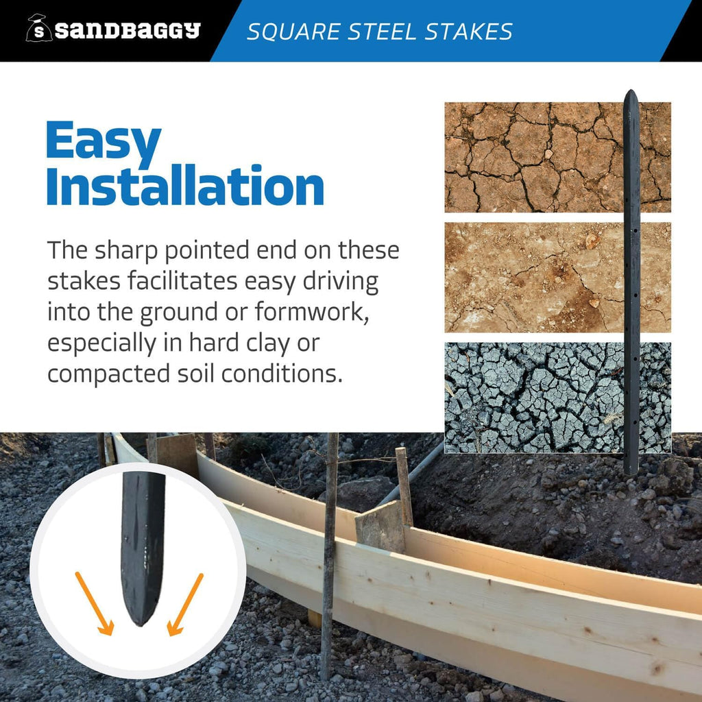 Sandbaggy 18" Square Steel Concrete Form Stakes with Nail Holes - 5/8" Wide - Rust Resistant - Removable/Reusable - Construction Grade Rebar Pins (Square Nail Stakes, 90, Count)