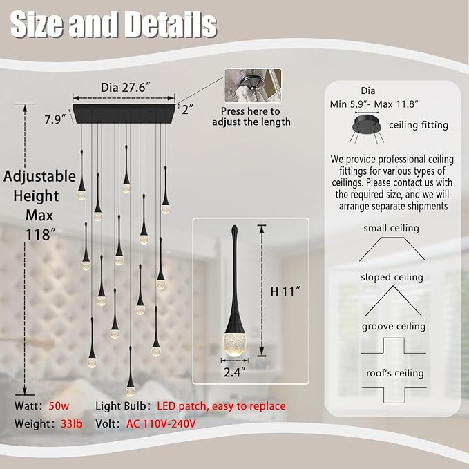 Modern Rectangular Chandelier,14 Lights Black Raindrop Chandelier Lighting,Industrial Linear Pendant Ceiling Light Fixture for Dining Living Room Kitchen Island