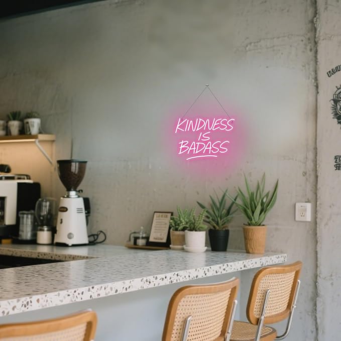 KINDNESS IS BADASS Neon Sign – Pink LED Wall Light, Inspirational Neon Word Sign for Bedroom, Dorm, Living Room, Office & Gift Décor