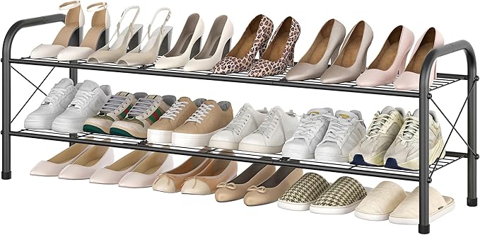 Hoctieon 2 Tier Shoe Rack for Closet, Durable Mesh Style Shoe Rack, Entryway Shoe Shelf, Shoe Storage Organizer for Hallway, Bedroom, Living Room, Wardrobe, Black