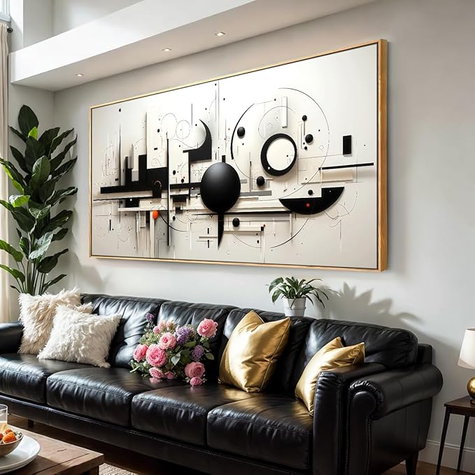Abstract Wall Art Black and White Modern Artwork Geometric Line Art Canvas Painting Wall Decor for Living Room Bedroom Dining Room Home Office Decor 24"x48" with Framed…