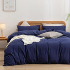BESTOUCH Duvet Cover Set 100% Washed Cotton Linen Feel Super Soft Comfortable Chic Lightweight 3 PCs Home Bedding Set Solid Navy Blue Oversized Queen
