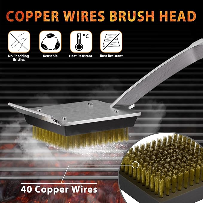 ENLOY Grill Brush and Scraper for Barbecue, 17" Grill Brush for Outdoor Grill, Extended Rosewood Handle and 2 Replaceable Copper Wire Brush Heads, Grill Cleaning Brush Grill Accessories for Most Grill