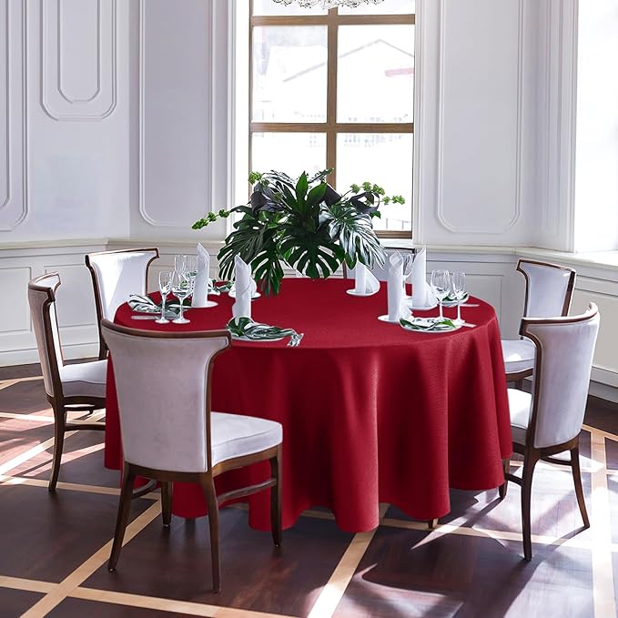 Biscaynebay Textured Fabric Christmas Round Table Cloth 90", Red Water Resistant Spill Proof Folding Table Covers for Dining, Kitchen, Wedding & Parties Machine Washable