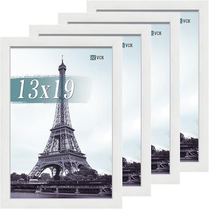 VCK 13x19 Picture Frame Set of 4 - White, Gallery-Quality Wood Poster Frames, 1.1-Inch Wide Border, Polished Plexiglass, Vertical or Horizontal Wall Display for Photo/Art/Prints, White