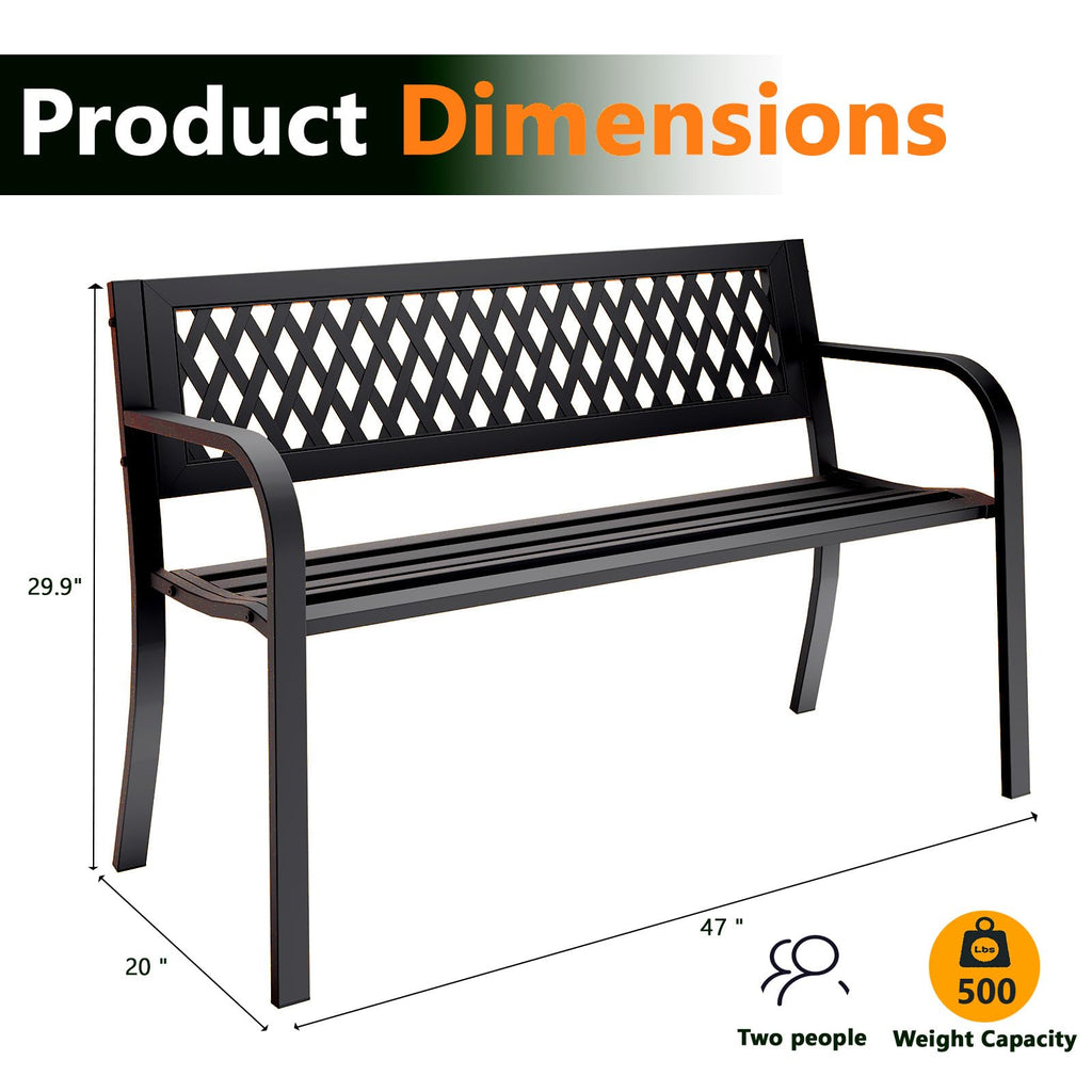 MAKE CHANGES Outdoor Bench, Garden Patio Park Entryway Metal Bench with Comfortable Backrest, Sturdy Heavy Duty Loveseat Front Porch Backyard Lawn Furniture for Outside