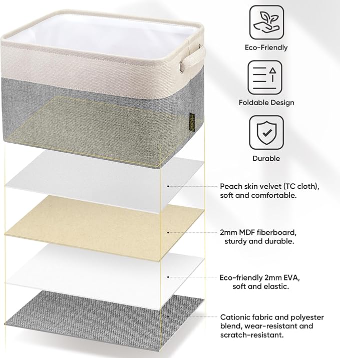 BALEINE 3 Pack Fabric Storage Bins for Shelves, Linen Storage Baskets for Organizing, Decorative Closet Bins for Clothes, Home (Grey, 12"x8"x8")