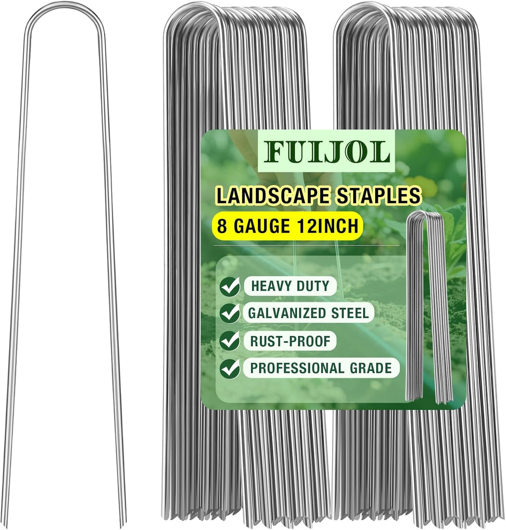8 Gauge Landscape Staples, FUIJOL 12 Inch Heavy Duty U-Shaped Landscape Stakes, 50 Pack Galvanized Garden Staples for Weed Barrier Stakes, Ground Cover, Irrigation Tubing, Fence (50)