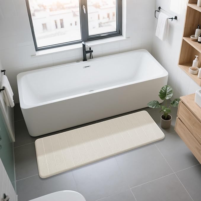 Yimobra Bathroom Runner 60"x24", Non Slip Memory Foam Bath Mat, Super Soft Water Absorbent Hallway Carpet, Machine Washable Rug for Vanity Tub Shower, Cream