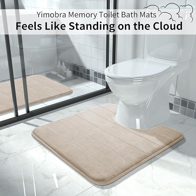 Yimobra Memory Foam Toilet Bath Mat U-Shaped, Soft and Comfortable, Super Water Absorption, Non-Slip, Thick, Machine Wash and Easier to Dry for Bathroom Commode Contour Rug, 24 X 24 Inches, Beige