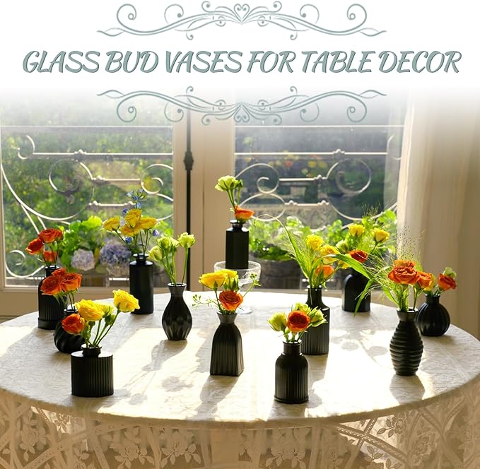 Black Vase, Bud Vases Set of 12, Small Glass Vase for Decor Centerpieces, Matte Ribbed Modern Vintage Flower Vases for Wedding Party Table Decoration Home Decor in Bulk