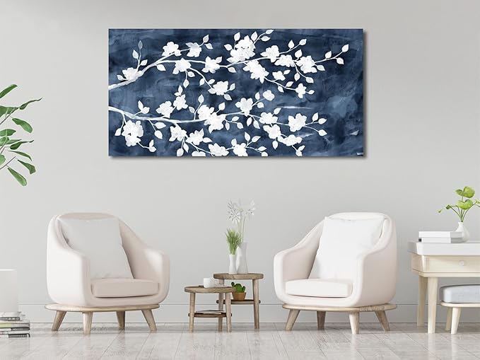 NINEASO Abstract Flowers Canvas Wall Art - Gray White Tree Floral Branches Pictures Wall Decor White Blossom Deep Indigo Blue Background Painting Artwork for Living Room Bedroom Home Decor 29" x 58"