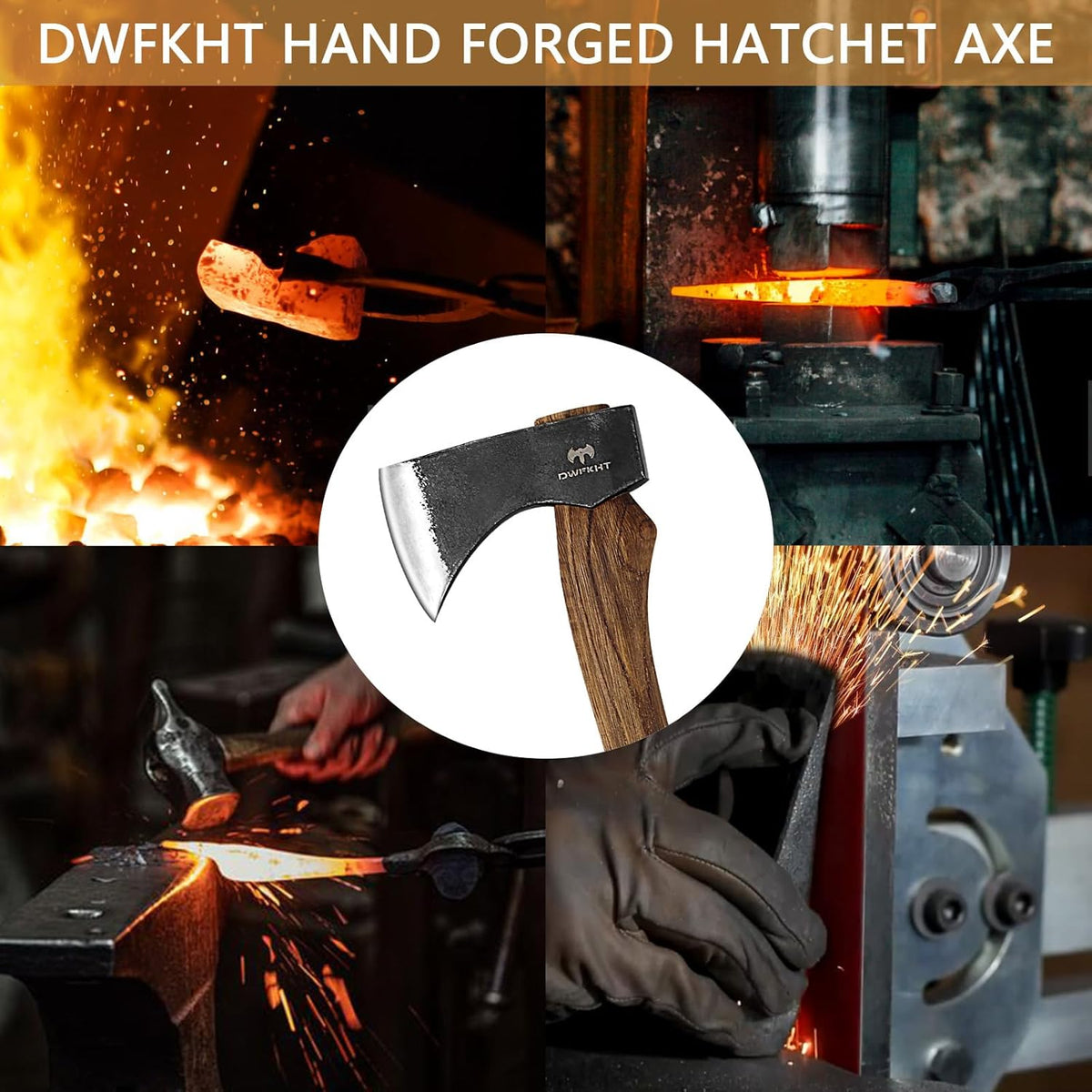 15.7" Hatchet Axe, Camping Hatchet, Hand-Forged Axe with Sheath for Wood Chopping, Splitting, and Carving, Bushcraft Axe with Beech Handle for Outdoor Survival and Garden Work