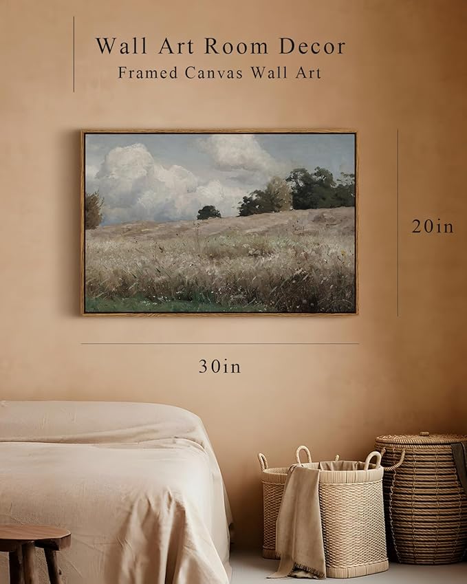 InSimSea Framed Canvas Wall Art Vintage Decor, Farmhouse Scenery Vast Field Grassland Paintings, Large Prints, Nature Landscape Hanging Wall Decoration for Living Room Bedroom Bathroom, 20"x30"