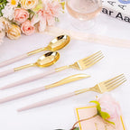 SUT 160Pcs Pink and Gold Plastic Silverware, Heavy Duty Plastic Silverware, Valentines Plastic Utensils, 80 Plastic Forks, 40 Knives, 40 Spoons, Disposable Cutlery for Parties, Valentines(Pink Gold)