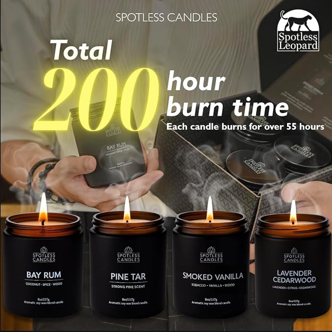 Scented Candles for Men - 200 Hours Burn Time in Gift Box & Protective Shipper - Men Candle Set x 4 - Cedarwood & Lavender/Bay Rum/Pine Tar/Smoke & Vanilla - Spotless Leopard