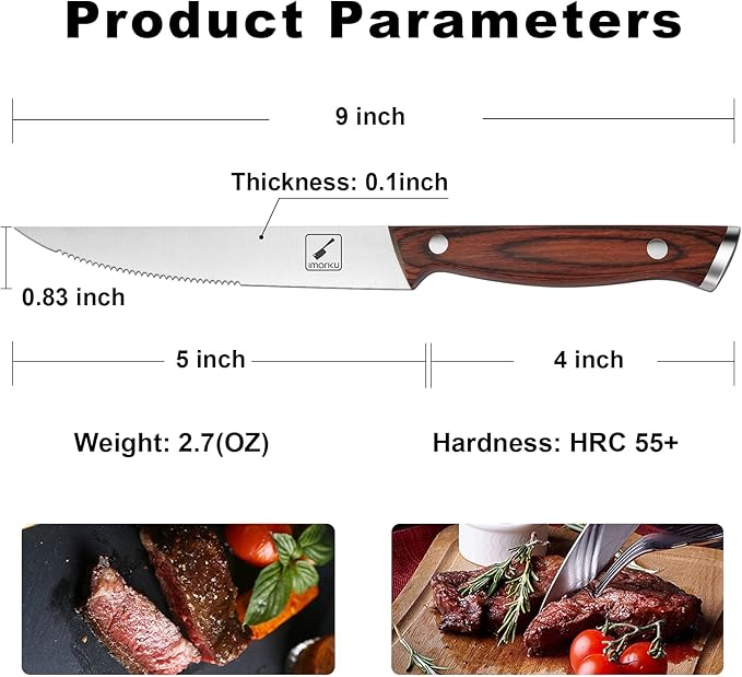imarku Steak Knives, Serrated Steak knives Set of 6, Japanese HC Steel Knife Set, Premium Serrated Carbon Stainless Steel Steak Knife with Gift Box,9 Inches/Piece, Silver