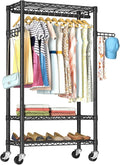 Heavy Duty Clothes Rack Rolling Garment Rack,3 Tier Adjustable Wire Shelving Clothing Racks for Hanging Clothes with Hanger Rod&Side Hooks,Freestanding Wardrobe Storage Rack Metal Portable Closet