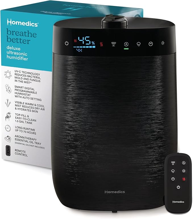 Homedics Deluxe Ultrasonic Humidifier for Large Rooms, Warm or Cool Mist, UV-C Technology, 1.5-Gallon Top Fill Tank, Smart Digital Programmable Humidistat, Home Dry Air Relief, Aromatherapy