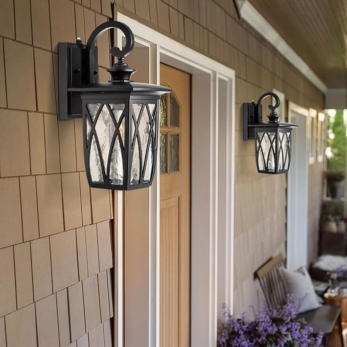 JYZ Dusk to Dawn Outdoor Wall Lantern, Craftsman Style Exterior Sconce Light with Water Ripple Glass, Traditional Porch Light Fixture Wall Mount Lamp for Front Porch Doorway Garage Patio Garden
