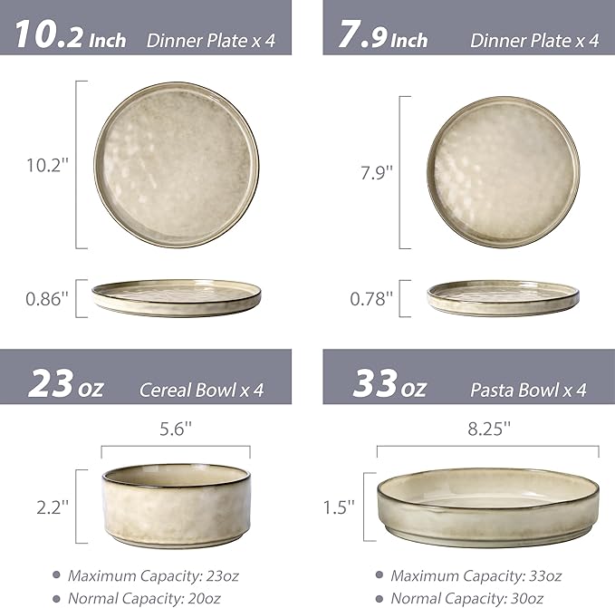 LIANYU Dinnerware with Pasta Bowls Set for 4, 16 Piece Stoneware Dish Ding Ware, Dinner Tableware Sets Includes Dinner Salad Plates, Cereal Salad Bowls, Chip & Scratch Resistant, Sandy Beige