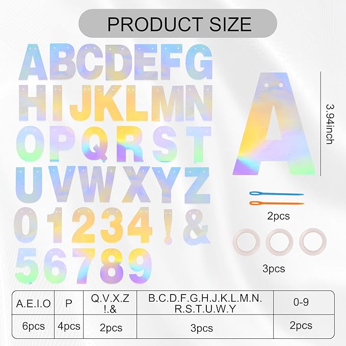 BEISHIDA 116 PCS A-Z Glitter Laser Silver DIY Letter Banner Kit Make Your Own Banner，Including 111 Letters and Numbers 3 Rope and 2 Threading Device,Customized for Birthday Graduation Wedding Party Decor