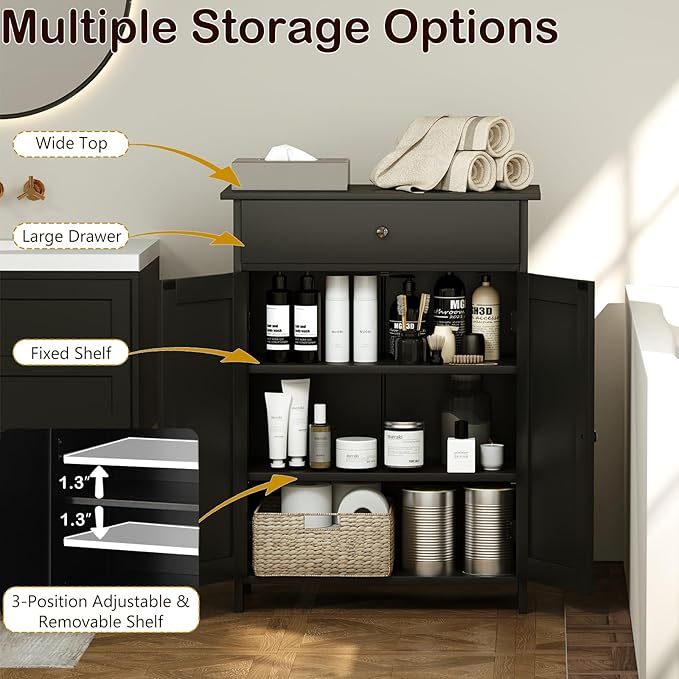 Tangkula Bathroom Storage Cabinet, Freestanding Floor Organizer w/ 2 Doors, 1 Drawer & 1 Adjustable Shelf, Modern Home Bathroom Furniture for Living Room Entryway Kitchen (Cabinet & Drawer, Black)