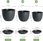 12/10/9 Large Modern Plant Pots, Plastic Planters with Drainage Holes and Saucers for Indoor Outdoor Plants Flowers, Black with Green Speckles