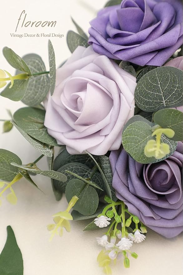 Floroom Artificial Flowers 25pcs Real Looking Lavender Purple Ombre Colors Foam Fake Roses with Stems for DIY Wedding Bouquets Bridal Shower Floral Centerpieces Party Tables Home Decorations