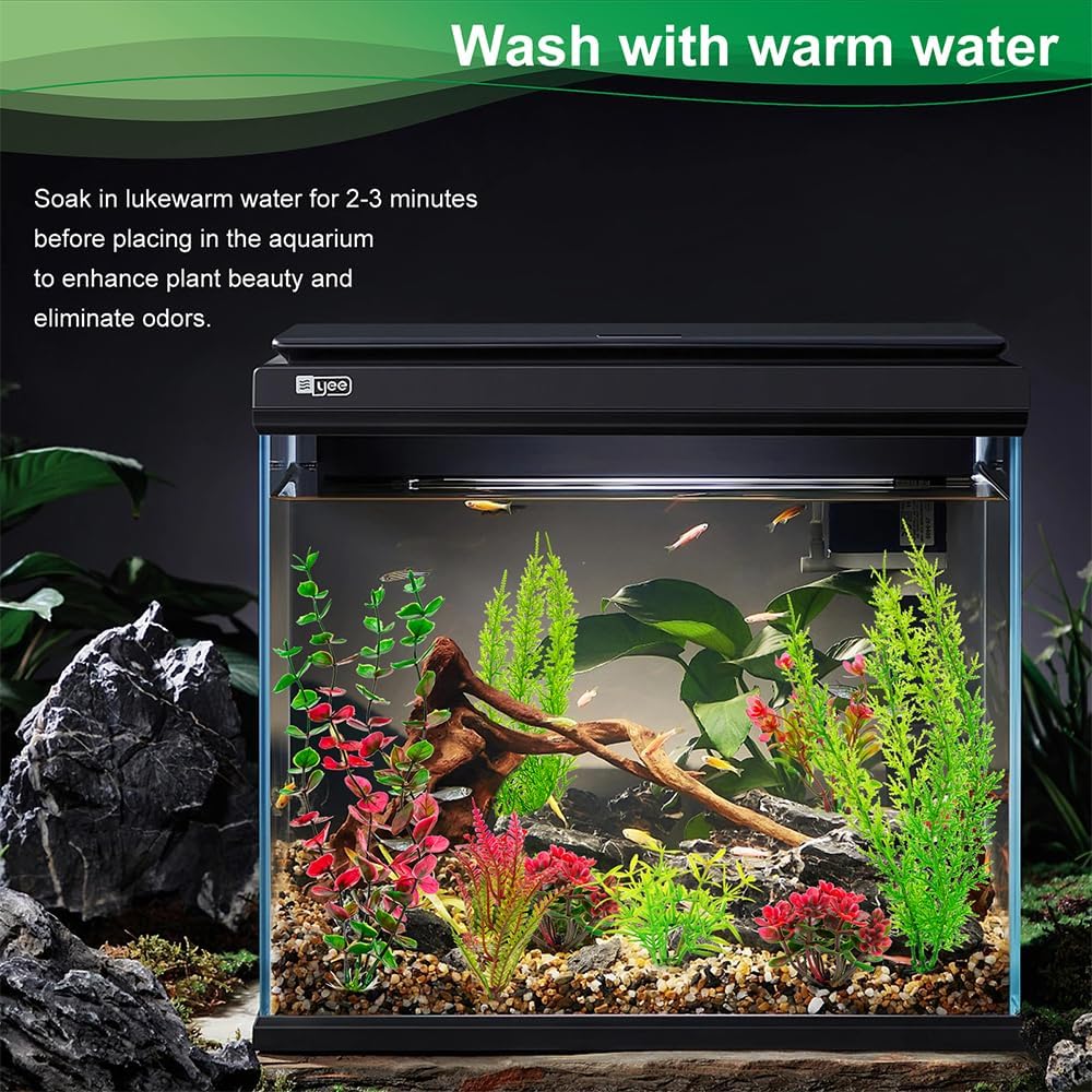 18-Piece Artificial Aquarium Plants Decorations – Large Set with Red & Green Foliage, Fish Tank Decor for Betta, Goldfish, Freshwater & Saltwater Tanks, Weighted Bases
