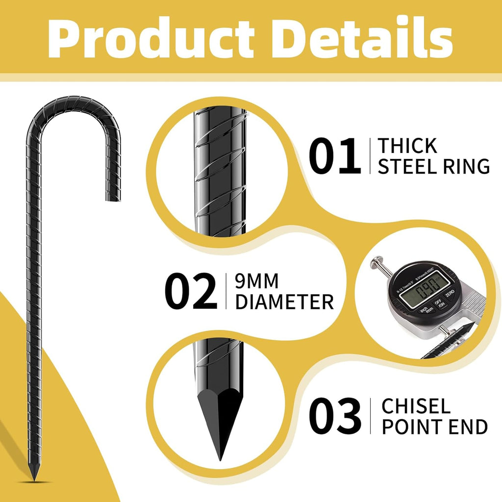 12 Inch Rebar Stakes, 8 Pack J Hook Heavy Duty Ground Stakes for Canopy Tent Trampoline and Chain Link Fence Rust Proof Coated Steel Ground Stakes Ground Anchors (Black)
