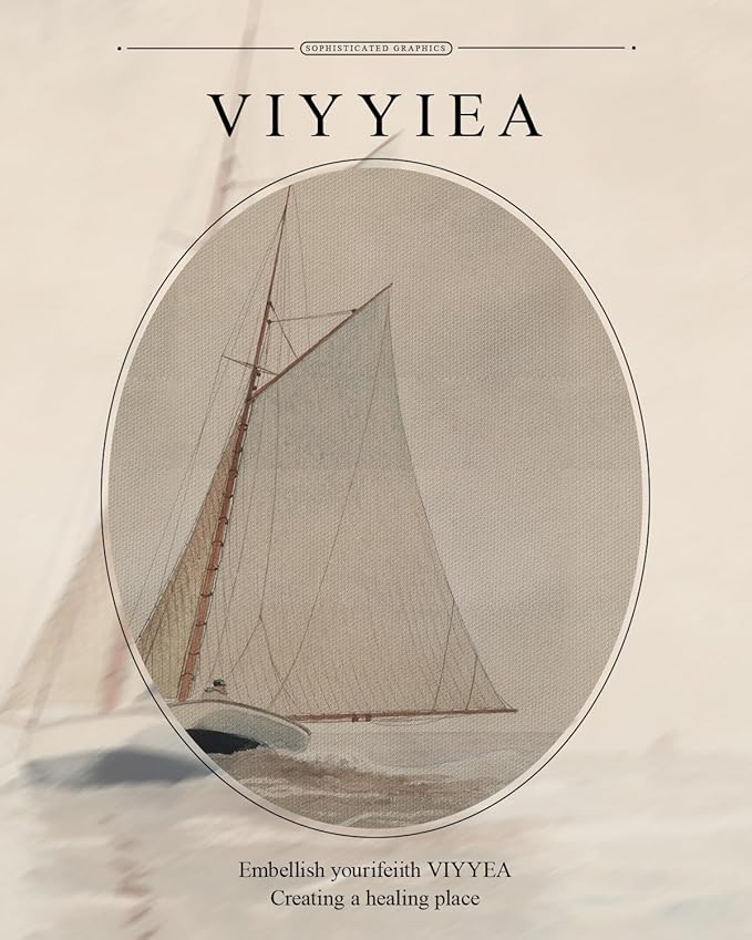VIYYIEA Gold Framed Wall Art Canvas Print Home Decor for Living Room White Sailboat Seascape Watercolor Vintage Beach Painting on Canvas - Coastal Wall Art Prints for Bedroom Office Bathroom 11x14in