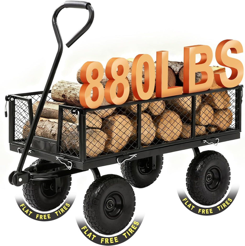 Garden Wagon Cart Heavy Duty 880 LBS Steel Utility Cart with All-Terrains 3.50-4" Solid Wheels 10" Tires, 180° Rotating Handle, Removable Sides, Laser-Welded Frame & Multi-Surface