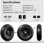 Wheelbarrow Wheel 13 Inch Flat Free 4.00-6 Solid Tire, Replacement Heavy Duty, with 5/8" and 3/4" Bearings 1.75" Center Hub, fits Garden Cart, Dolly, Hand Truck, Trailer, Utility Wagon, 1 Pcs