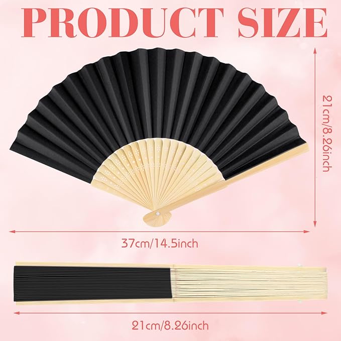12 Pieces Black Hand Held Bamboo Folding Fans Paper Fans Handheld for Women Foldable Girls Wedding Decoration Church Home Party Favors Summer