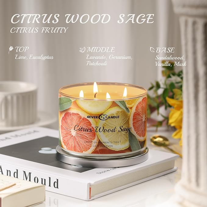 Soy Wax Blend Candle for Home, 4-Wick Candles in Citrus Wood Sage, Aromatherapy Candles Gift for Parties, Relaxing, Over 50 Hours of Burn Time, 18oz