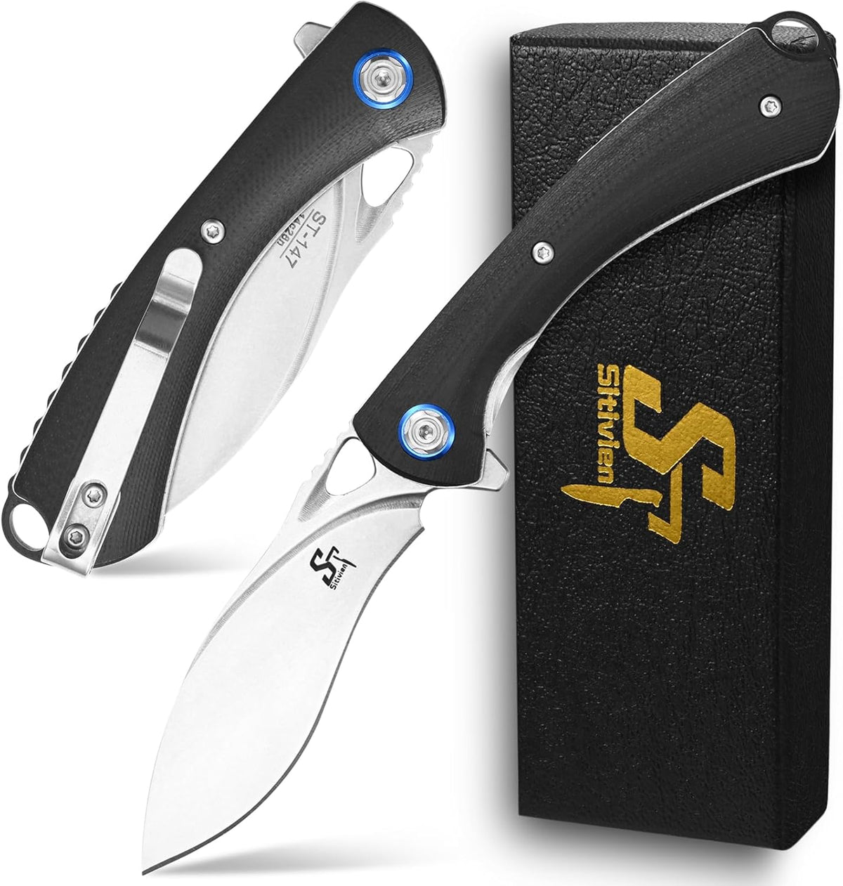 Sitivien ST147 Folding Pocket Knife,14C28N Steel Blade with G10 Handle Utility Knife EDC Tool Knife for Outdoor Camping,Hiking,Hunting(Black)