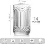 INSETLAN Vintage Art Deco Glassware | Glass Cups Set of 4 | 14 Oz Thick Bottom Cocktail Glasses, Highball Glass Fabulous Box, Embossed Ripple Glassware, for Water, Wine, Juice, Mixed Drinkware