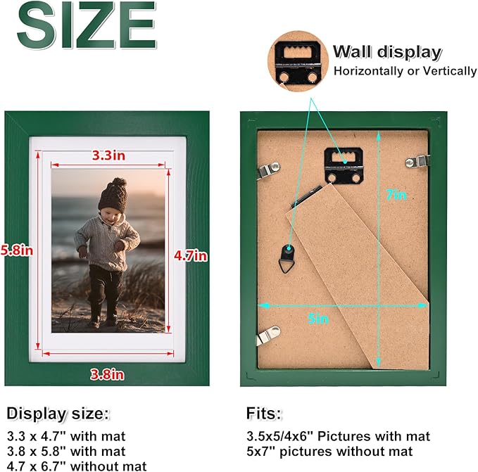 KINLINK 5x7 Picture Frames Green Wood Frames with Acrylic Plexiglass for 3.5x5/4x6 with Mat or 5x7 without Mat, Tabletop and Wall Mounting Display, Set of 4