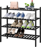 4-Tier Black Bamboo Shoe Rack for Entryway, Stackable | Foldable | Natural, Shoe Organizer for Hallway Closet, Free Standing Shoe Racks for Indoor Outdoor