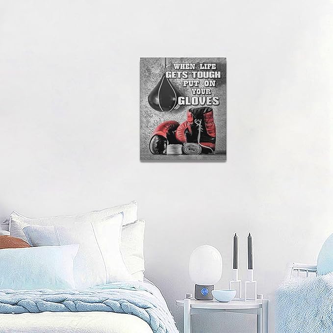 Boxing Posters Wall Art Red Boxing Gloves Pictures Wall Decor Black And White Inspirational Quotes Canvas Prints Painting Artwork Sports Canvas Home Decorations For Teen Boys Room Dorm Bedroom 20"x24"