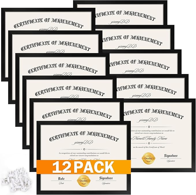 YixangDD 12 PACK Certificate Frames 8.5 x 11, Black Diploma Frame Document Frame with Clear Plexiglass, Picture Frames for Tabletop and Wall Display